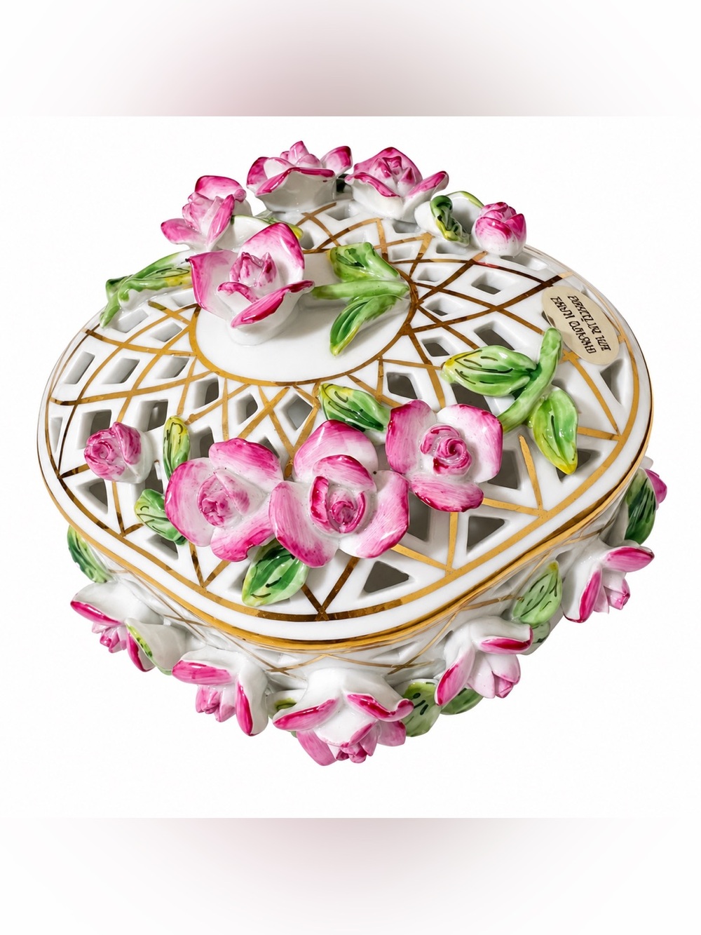 Formations Baum Bros Porcelain Trinket Box Pink Roses 10KT Gold